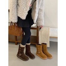 2025新款秋冬季可翻折保暖金属扣带羊羔毛百搭粗跟中筒靴女冬