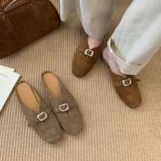 批发复古厚底磨砂皮包头半拖鞋女外穿休闲懒人一脚蹬平底通勤穆勒鞋子