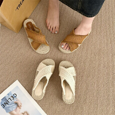 批发2026夏季<b class='q'>韩版</b>草编渔夫鞋女交叉时尚外穿厚底凉拖鞋一字沙滩拖鞋