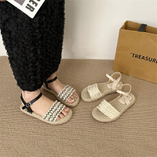 批发平底草编一字带露趾凉鞋女2026夏季新款百搭配裙子<b class='q'>简约</b>厚底渔夫鞋