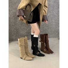 复古方头皮带扣翻折长靴女秋冬季新款粗高跟瘦腿长筒西部骑士靴子
