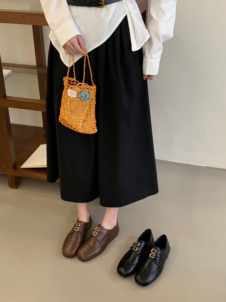 X-33639# 春季新款雕花布洛克女鞋黑色双扣带圆头平底英伦风小皮鞋 女鞋批发靴子货源鞋子批发
