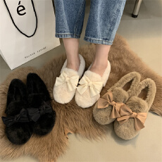 批发2026水貂毛蝴蝶结厚底毛毛鞋女秋冬外穿一脚蹬豆豆鞋网红