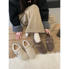 复古勃肯鞋女外穿皮带扣保暖羊羔毛棉鞋秋冬新款一脚蹬单鞋