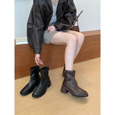 批发方头小短靴女秋季高跟女鞋秋冬皮靴切尔西女靴瘦瘦马丁靴子