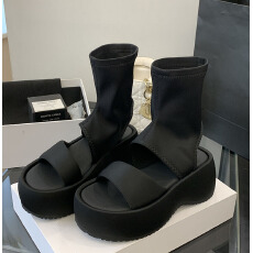 批发追品2025夏季新款镂空时尚弹力布凉靴一脚蹬松糕厚底