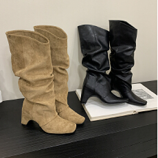 批发2025新款复古褶皱堆堆靴长筒靴女绒面粗跟百搭废土风高筒靴