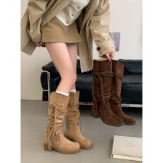 批发2025新款复古美拉德高跟中筒靴女<b class='q'>夏</b>季废土风短靴流苏麻绳绒面