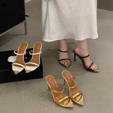 批发2026新款欧美外贸水钻尖头简约一字带性感细跟超高跟拖鞋大码9CM