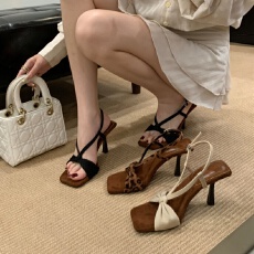 批发夏外穿法式气质高跟凉鞋女方头细跟高跟鞋露趾配裙子蝴蝶结凉拖鞋