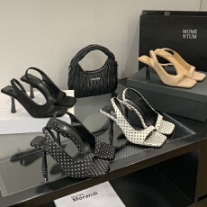 批发方头一字带露趾侧空凉鞋女夏季法式配裙子绝美细跟后空黑色高跟鞋