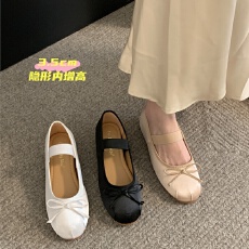新款内增高3公分绸缎蝴蝶结一字带浅口芭蕾单鞋玛丽珍女鞋仙女风