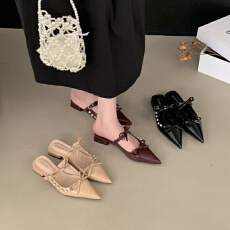 批发2025新款尖头半拖鞋女夏外穿时尚懒人穆勒单鞋蝴蝶结低跟平底鞋子