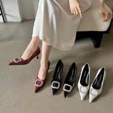 批发轻奢方扣高跟鞋女细跟黑色浅口尖头单鞋2026<b class='q'>春</b>秋季新款气质女神范