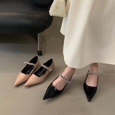 批发显瘦法式尖头单鞋女2026新款春<b class='q'>秋</b>水钻一字带玛丽珍鞋浅口粗跟女鞋