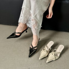 铆钉高跟鞋外穿半拖鞋女夏2026新款尖头小细跟懒人鞋中跟包头拖鞋