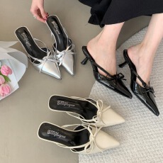 2026春夏新款尖头细跟高跟鞋包头女鞋子蝴蝶结漆皮单鞋仙女风凉拖