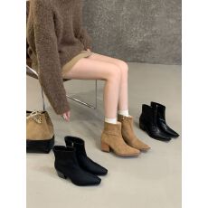 批发法式方头粗跟弹力绒面瘦瘦靴<b class='q'>简约</b>百搭高跟踝靴卡色短靴女