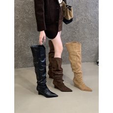 批发2025巨好看卡其色美拉德靴子女棕色长筒靴显瘦尖头堆堆靴高筒长靴