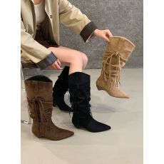 批发筒高法式巨好看长靴女美拉德麂皮绒面流苏长筒靴卡其色西部靴