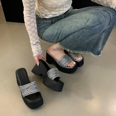 绝美一字拖凉鞋女夏季外穿2026新款水钻带气质高跟凉拖鞋