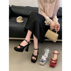 批发2026高跟鞋防水台酒红色婚鞋女新款厚底粗跟玛丽珍一字扣带凉鞋