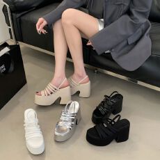 批发夏季外穿小个子增高坡跟松紧细带组合凉鞋时尚松糕厚底罗马凉鞋