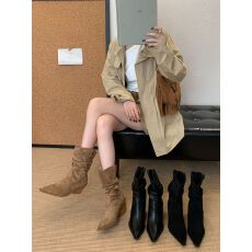 批发粗跟欧美风西部短靴堆堆靴女2026新款时装中筒靴
