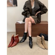 欧美气质方头皮面褶皱堆堆靴女秋冬洋气英伦内跟后拉链瘦瘦靴短靴