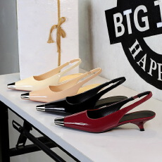 批发欧美风时尚宴会细跟浅口<b class='q'>女鞋</b>漆皮亮面金属头后绊带<b class='q'>显瘦</b>单鞋女