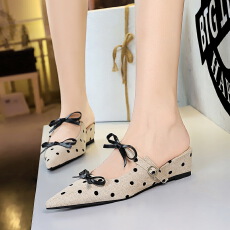 批发法式小众蝴蝶结包头拖波点坡跟舒适百搭一脚蹬女鞋外穿凉拖