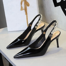 批发欧美宴会高跟鞋尖头浅口单鞋女珍珠后空后绊带细跟女鞋