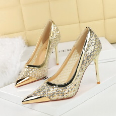 批发<b class='q'>欧美</b>风性感尖头浅口高跟鞋亮片网纱金属铁头细跟时尚单鞋女