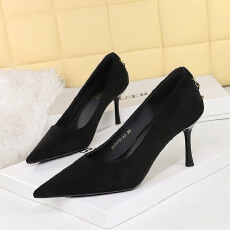 批发尖头细跟高跟鞋百搭黑色绒面日常通勤女鞋浅口气质单鞋子