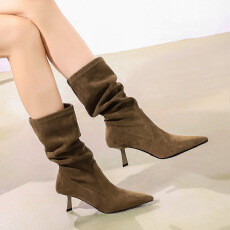 批发美德拉中筒靴弹力靴褶皱堆堆靴百搭尖头细高跟短靴瘦瘦靴女