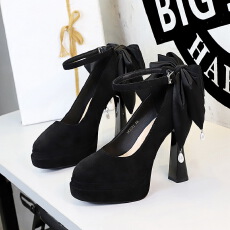 批发<b class='q'>欧美</b>绒面超高跟防水台浅口一字式扣带珍珠蝴蝶结单鞋女