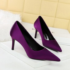 批发细跟高跟鞋女浅口绸缎百搭ol简约职业工作鞋<b class='q'>气质</b>尖头单鞋