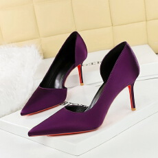 批发<b class='q'>欧美</b>宴会侧镂空时尚高跟鞋女尖头浅口绸缎一脚蹬细跟单鞋女