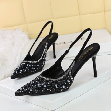 批发<b class='q'>欧美</b>风高跟鞋女浅口时尚亮片珍珠后绊带细跟通勤尖头单鞋