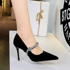 欧美尖头浅口单鞋水钻一字带绒面通勤鞋宴会鞋细跟高跟鞋女