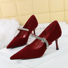 批发<b class='q'>欧美</b>尖头浅口单鞋水钻一字带绒面细跟高跟鞋日常宴会女鞋