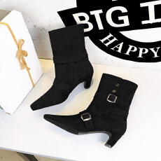 欧美风复古设计感时装靴女小方头皮带扣小众时尚中筒靴女靴