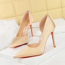 欧美风性感红底高跟鞋女尖头浅口侧镂空绸缎一脚蹬细跟单鞋女