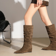 批发长筒靴女复古风内增高堆堆靴法式尖头显瘦高筒靴不过膝长