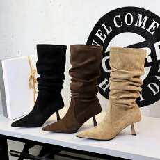 批发慵懒感长筒靴女细高跟褶皱堆堆靴尖头高筒弹力不过膝骑士靴