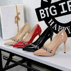 批发欧美高跟鞋女时尚水钻细跟漆皮浅口尖头超高跟防水台单鞋