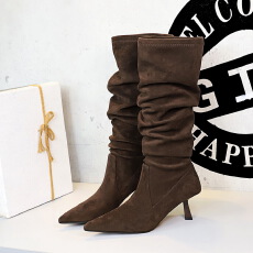 批发细高跟长筒靴女褶皱堆堆靴弹力靴尖头瘦瘦靴高筒长靴骑士靴