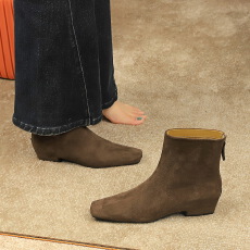 批发韩系复古风粗跟马丁靴小裸靴后拉链绒面方头单靴时装短靴女