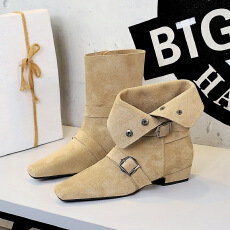 批发西部短靴复古方头皮带扣粗跟绒面折叠两穿薄单靴中筒靴子女