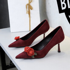 批发欧美风宴会高跟鞋女细跟绒面浅口尖头花朵玫瑰花高跟单鞋